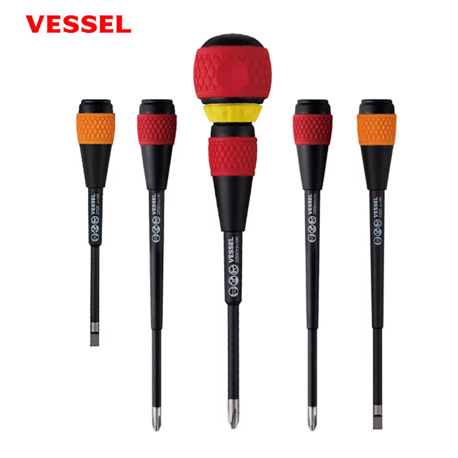 VESSEL 5 Pcs Ball Ratchet Grip Screwdriver Set Suitable for Phillips and Slotted Screws NO.2200 5Pcs Set