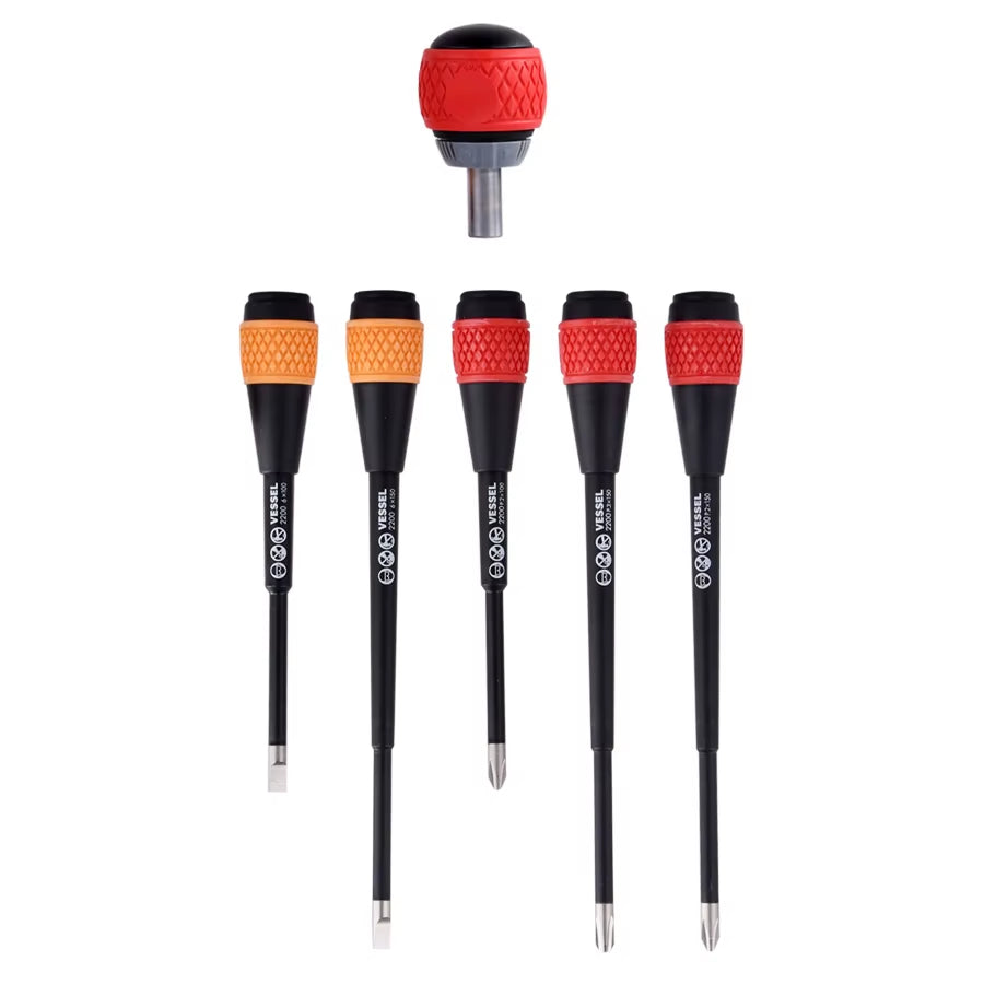 VESSEL 5 Pcs Ball Ratchet Grip Screwdriver Set Suitable for Phillips and Slotted Screws NO.2200 5Pcs Set