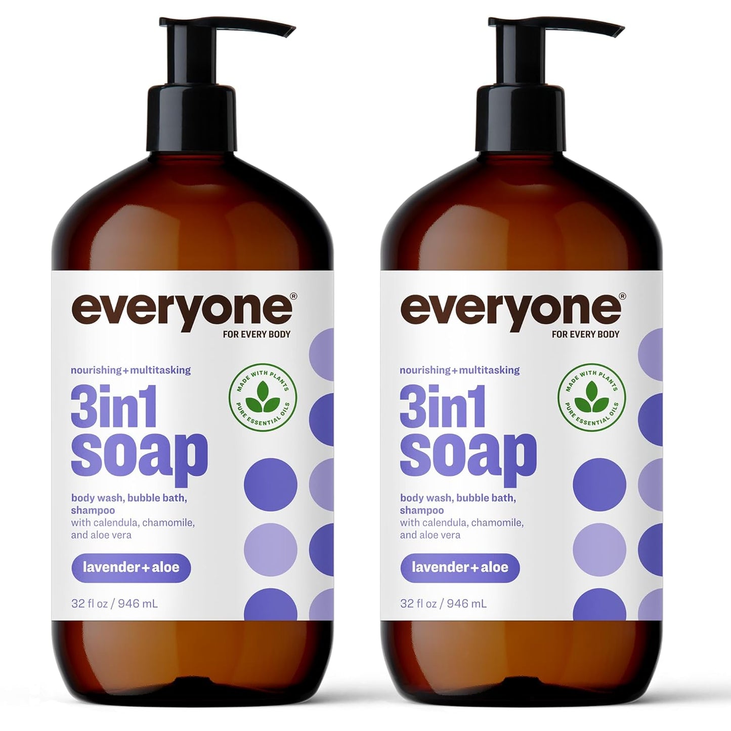 3-In-1 Soap, Body Wash, Bubble Bath, Shampoo, 32 Ounce (Pack of 2), Lavender and Aloe, Coconut Cleanser with Organic Plant Extracts and Pure Essential Oils (Packaging May Vary)