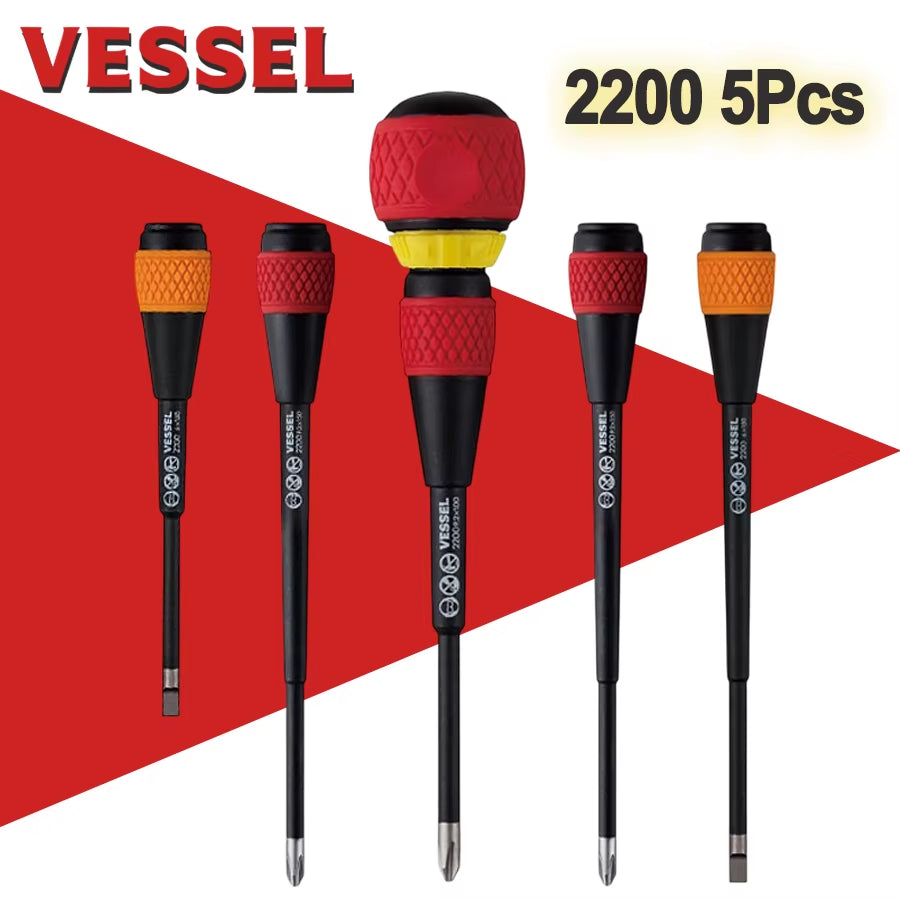 VESSEL 5 Pcs Ball Ratchet Grip Screwdriver Set Suitable for Phillips and Slotted Screws NO.2200 5Pcs Set