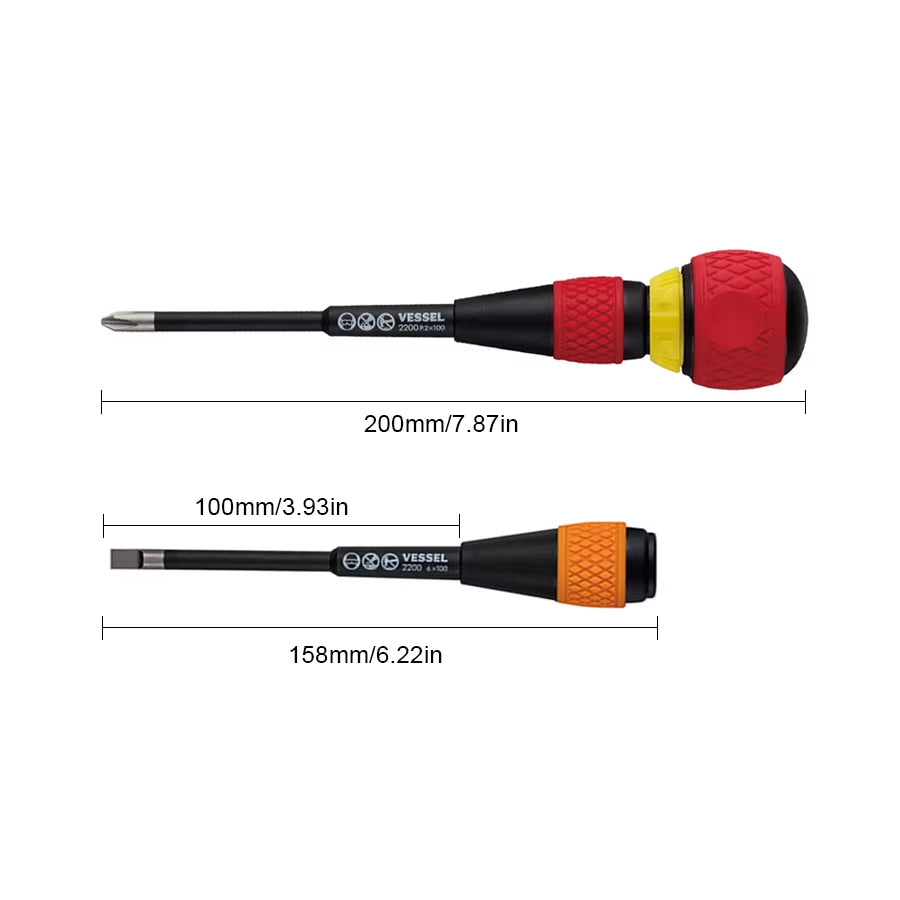 VESSEL 5 Pcs Ball Ratchet Grip Screwdriver Set Suitable for Phillips and Slotted Screws NO.2200 5Pcs Set